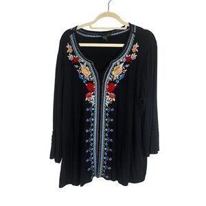 Colorful Floral Embroidery Top Black 2X Boho Indie Peasant Tropical Fiesta Chic